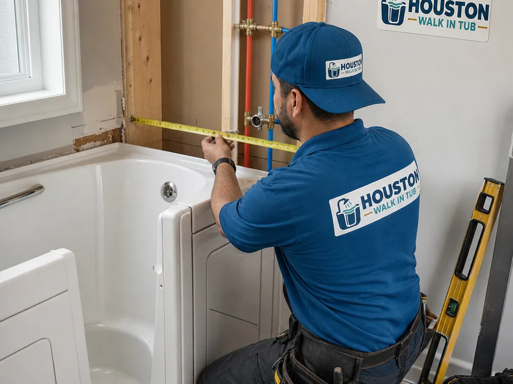 Contractor measuring a bathtub alcove and checking residential plumbing rough-in locations with tools and a level
