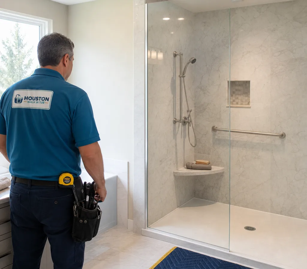 Bright Houston-area bathroom with a modern walk-in shower featuring a low-threshold entry, built-in bench, and grab bar