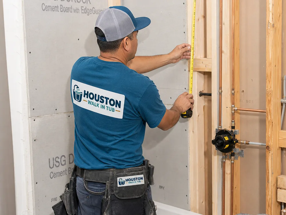 Contractor measuring a shower alcove and checking wall studs and plumbing rough-in during a shower remodel