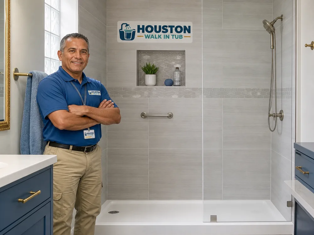 Finished walk-in shower conversion with a low-threshold base, frameless glass panel, built-in niche, and neutral tile