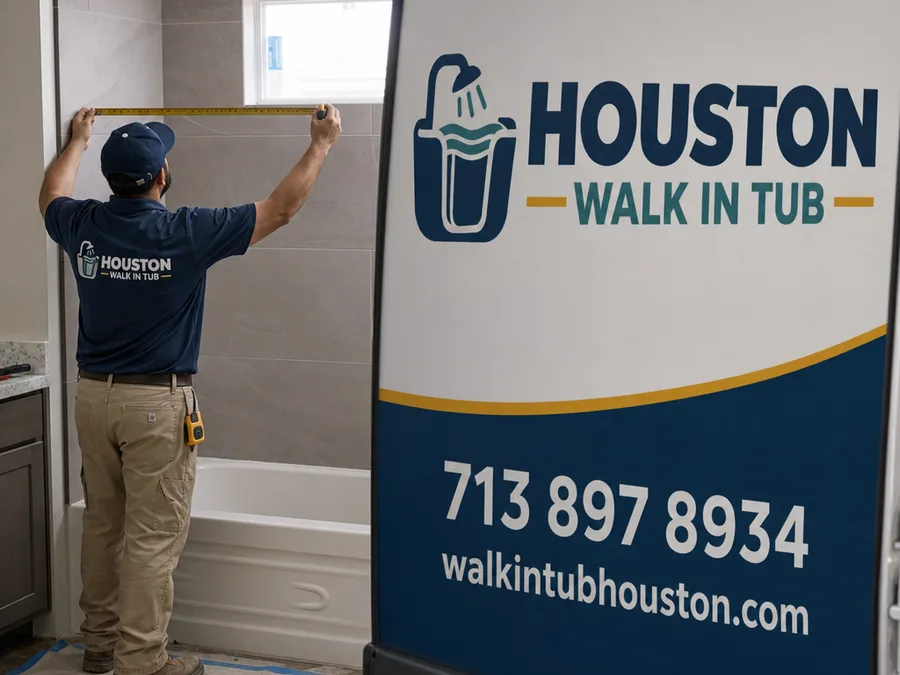 A contractor measuring an existing alcove bathtub opening and checking wall-to-wall dimensions in a Houston-area home bathroom